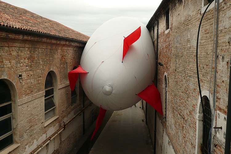 Gallery image: Sciame di Dirigibili (Zeppelin Swarm) | 2009 | Stuck zeppelin, publicity campaign, photomontage, souvenirs, street artists, printed and digital media, indoor exhibition - Making Worlds – 53 International Art Exhibition – Venice Biennial | size variable