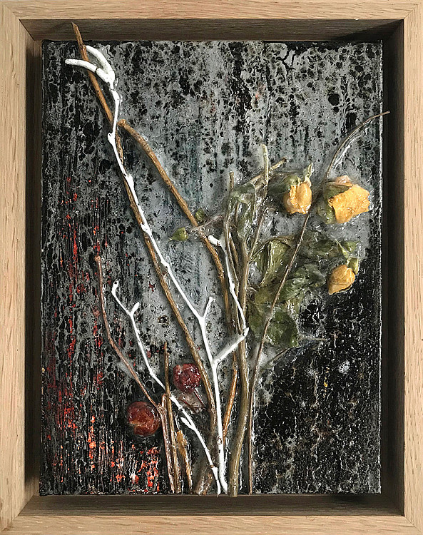Gallery image: ZeftLand #07 | 2019 | Tar, tree branches and mixed media on canvas | 24 x 18 cm