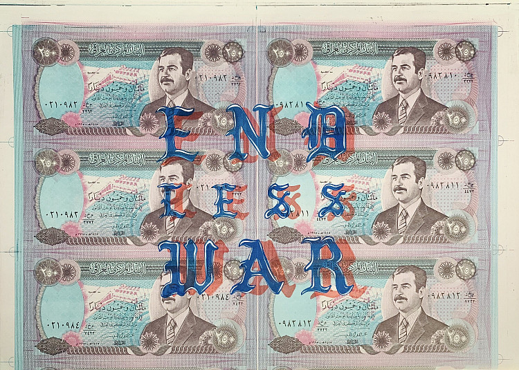 Gallery image: End Less War | 2020 | LSD and watercolor on Iraqi dinar wit Suddam Hussain 