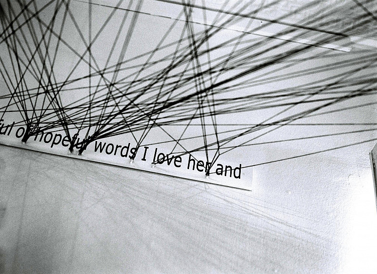 Gallery image:  In the stars a love letter for her | 2007 | wood, vinyl, lettering, cotton thread digitally printed text on paper | size variable