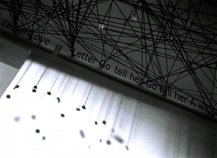Gallery image:  In the stars a love letter for her | 2007 | wood, vinyl, lettering, cotton thread digitally printed text on paper | size variable